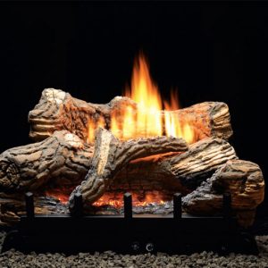 A fireplace with Empire Flint Hill Vent-Free Log Set and flames on a black background.