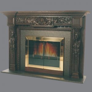 An Stoll Triple Panel Screen fireplace mantel with ornate carvings.