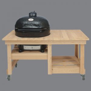 A charcoal grill on a wooden table.