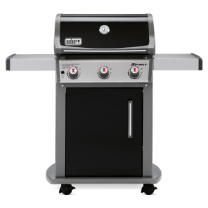 A Weber Spirit E-310 with two burners on a black background.