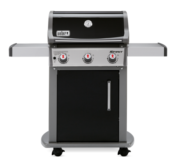 A Weber Spirit E-310 with two burners on a black background.