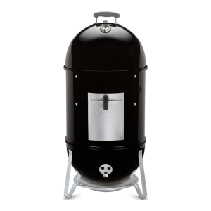 A black Weber Smokey Mountain Cooker 22 Charcoal smoker on a stand.