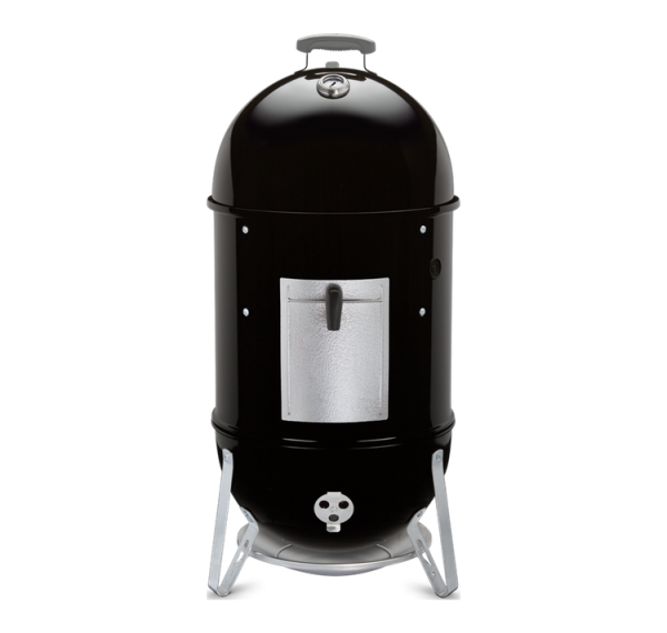 A black Weber Smokey Mountain Cooker 22 Charcoal smoker on a stand.