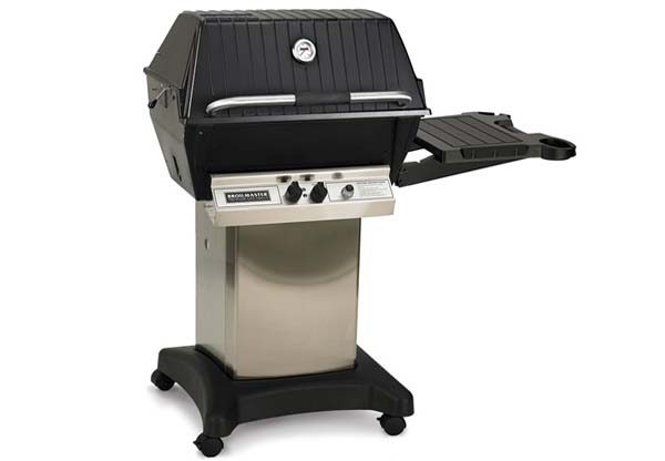 A black and silver Broilmaster Premium P3X Gas BBQ With PCB2 Cart with a lid and two burners.