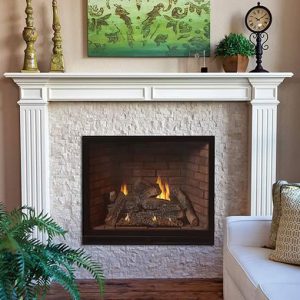 A living room with a Marquis Skyline III Direct Vent Fireplace and a painting on the wall.