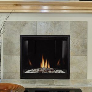 A Marquis Skyline III Direct Vent Fireplace in a living room with a vase of flowers.