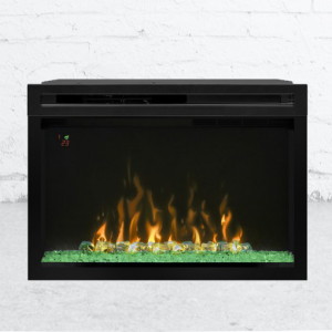 A Modern Flames Landscape Linear Electric Fireplace with green flames.