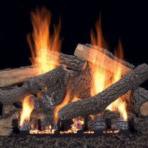 A Empire Ponderosa Vent-Free Log Set with flames on a black background.