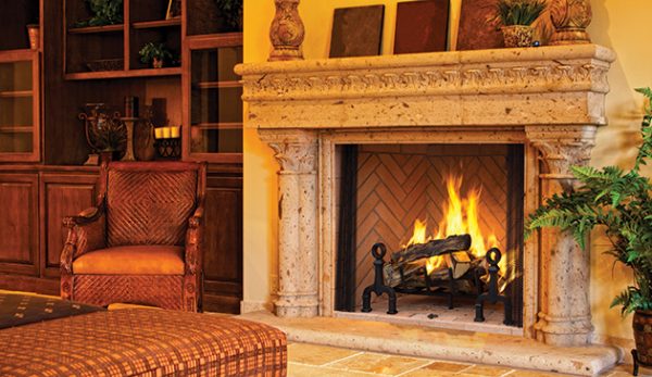 An Astria Georgian Wood Burning Fireplace in a living room.