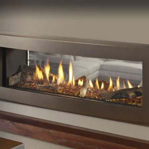 A modern Marquis Skyline III Direct Vent Fireplace with logs in it.