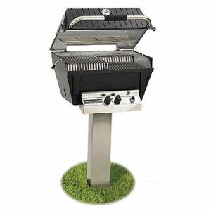 A Broilmaster Premium P4X Gas BBQ With In-Ground Post Mount on a stand with grass in the background.