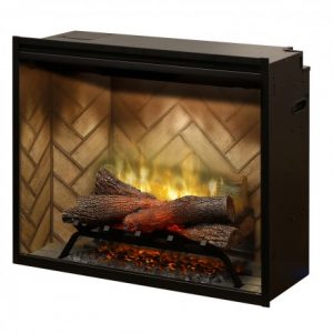 A Dimplex Revillusion 30 Built-in Electric Fireplace with logs in it.