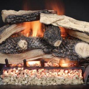 A close up of a fireplace with American Split Vent-Free Log Set in it.