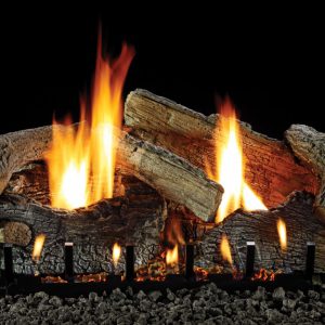 A fireplace with Empire Stacked Aged Vent-Free Log Set and flames on a black background.