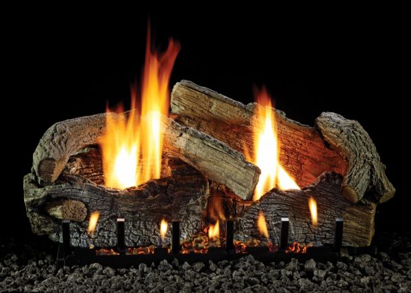 A fireplace with Empire Stacked Aged Vent-Free Log Set and flames on a black background.