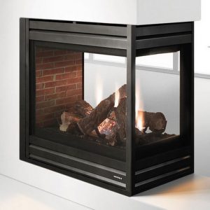 A Marquis Skyline III Direct Vent Fireplace with logs and a brick wall.