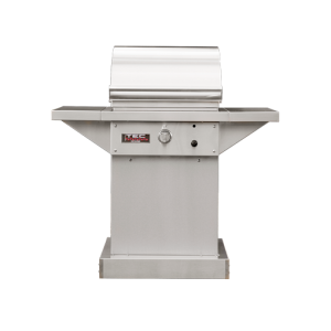 A Tec 26 Sterling Patio Fr Infrared Gas Grill on a table in front of a black background.