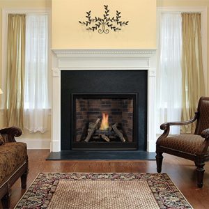 An Empire Tahoe Clean-Face Premium Traditional Direct Vent Fireplace in a living room.