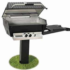 A Broilmaster Deluxe H3X Gas BBQ With In-Ground Post Mount with two burners on top of a stand.