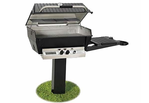 A Broilmaster Deluxe H3X Gas BBQ With In-Ground Post Mount with two burners on top of a stand.