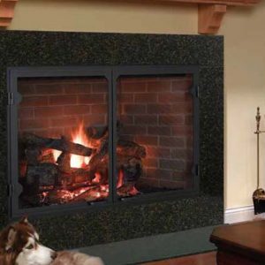 A Heatilator Icon Wood Burning Fireplace with a dog sitting in front of it.