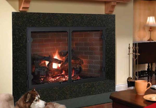 A Heatilator Icon Wood Burning Fireplace with a dog sitting in front of it.