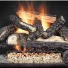 A fireplace with Golden Split Vented Gas Log Set on a black background.