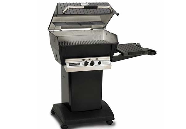 A Broilmaster Deluxe H4X Gas BBQ With DCB1 Cart grill with two burners on it.