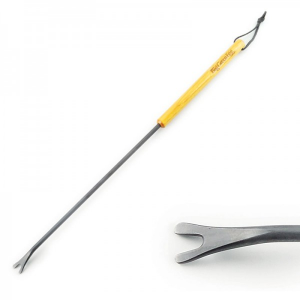 A metal tool with a Grid Cleaner – V-Notch handle and a black handle.