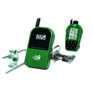 A green digital thermometer and a green Temperature Gauge – Dual-Probe Wireless Thermometer on a white background.