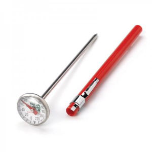 A red Temperature Gauge – EZ-Read Thermometer and a pen on a white background.