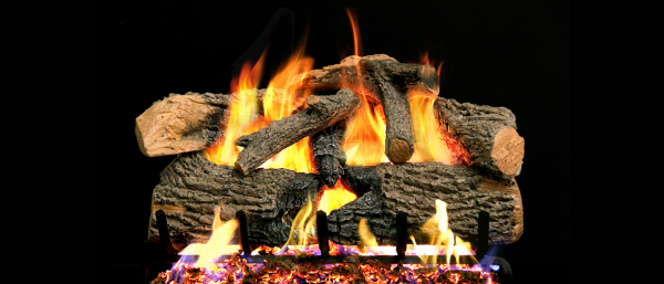 A Transitional Fireplace Door with flames and logs on a black background.