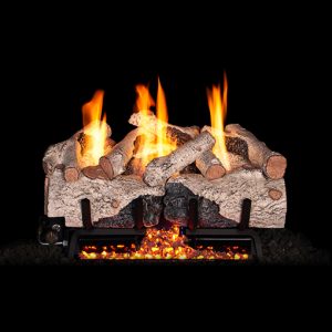 A Foothill Oak Vent Free Log Set with flames on a black background.