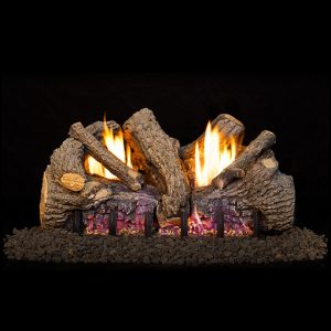 A fireplace with Foothill Oak Vent Free Log Set on a black background.