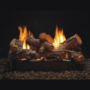 A fireplace with Empire Rock Creek Vent-Free Log Set for Multisided Fireplaces and flames on a black background.