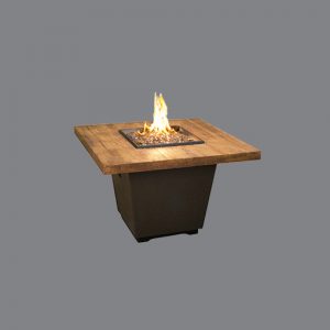 An American Fyre Designs Cosmo Square LP in French Barrel Oak fire pit on a grey background.