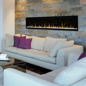 A Dimplex IgniteXL 74 Electric Linear Fireplace in a living room.