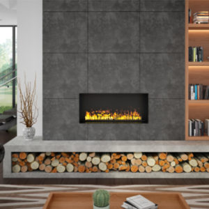 A modern living room with a Dimplex Optimyst-Pro 1000 Built-In Electric Firebox and bookshelves.