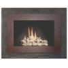 A Stoll Manhattan with Single Door One-Sided Hinge fireplace with pebbles and flames in a frame.