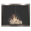 The Stoll Manhattan Hidden Frame fireplace with a glass door and stones in it.