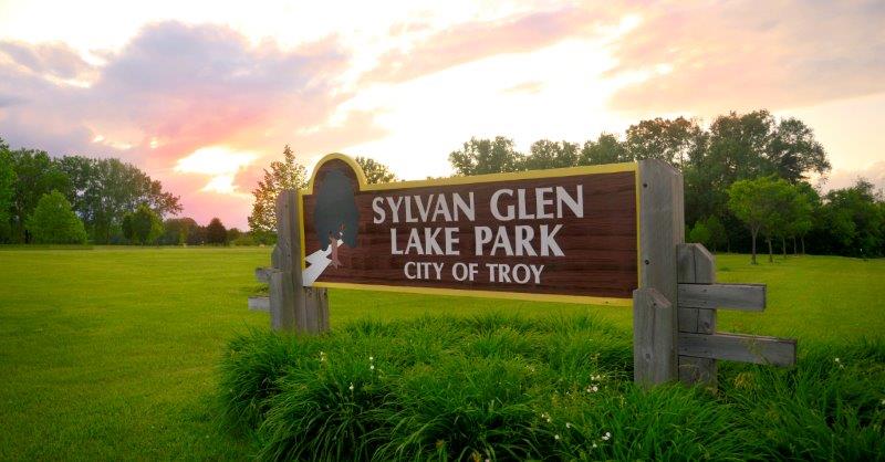 Beautiful sunset at the Sylvan Glen Lake Park in Troy Michigan