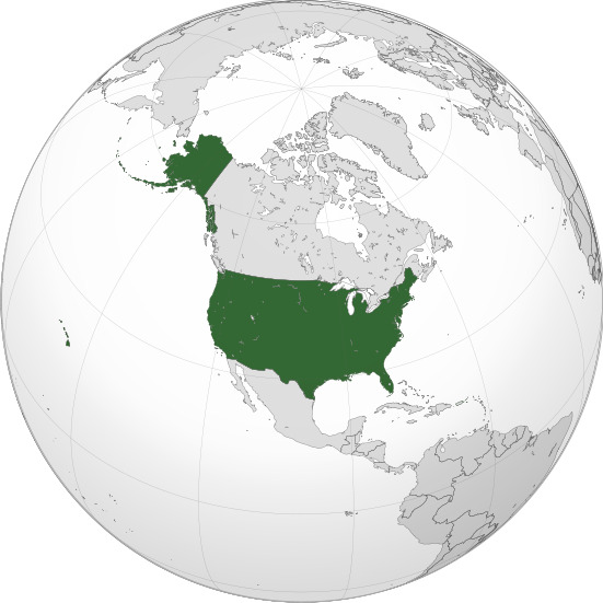 A globe with the united states and canada highlighted in green.