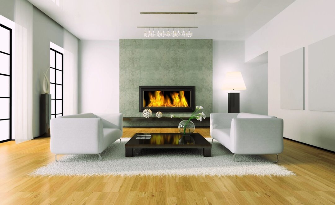 A modern living room with a wood burning fireplace.