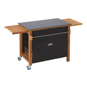 A black Eno Plancha BERGERAC 2400 Stainless kitchen cart on wheels with a black top.